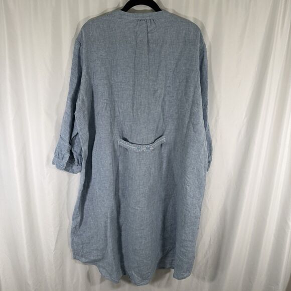 Potery 100% Linen Maxi Dress Womens 18 Blue Front Pockets Long Sleeve Round Neck - Picture 11 of 14